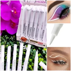 Delineador plumón blanco Romantic Rain creando diseño artístico en ojo, mostrando precisión de trazo