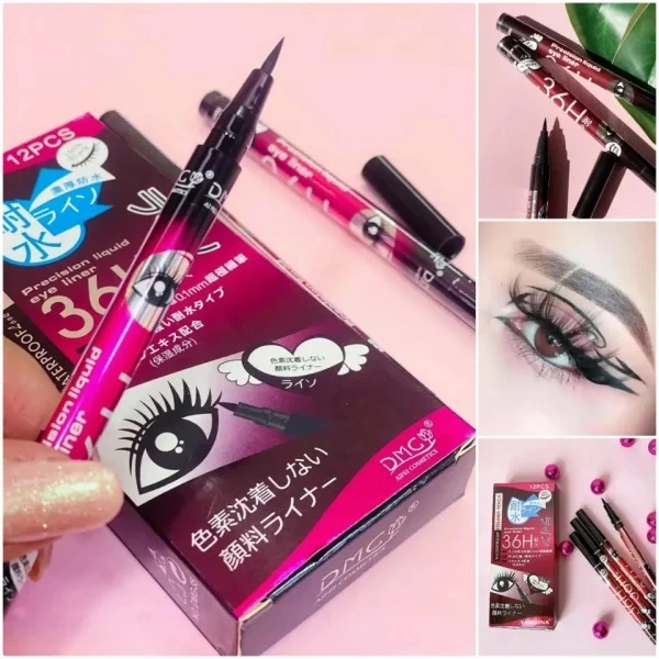 Delineador líquido Favor Beauty negro mostrando trazo preciso en mano y diseño de alas perfectas