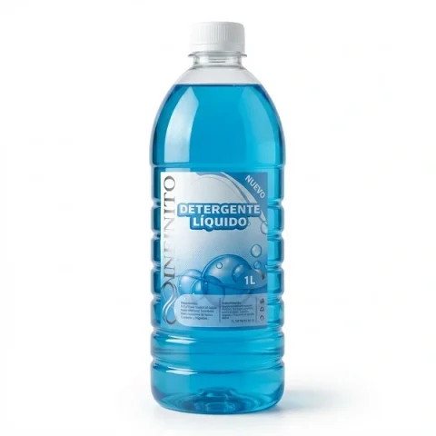 Botella de 1 Litro de Detergente Líquido Infinito color azul intenso para lavado a máquina y a mano, en fondo blanco.