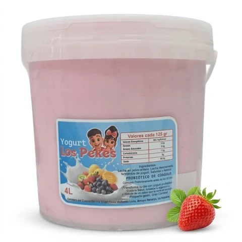 Botella gigante de yogurt probiótico de fresa Los Pekes 4L con diseño infantil colorido, perfecto para el desayuno de toda la familia