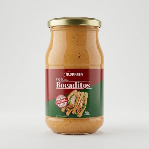 Frasco de vidrio de Pasta para Bocaditos Aldaketa sabor Original, crema untable gourmet sin gluten (Gluten Free) con imagen de sándwich aperitivo.