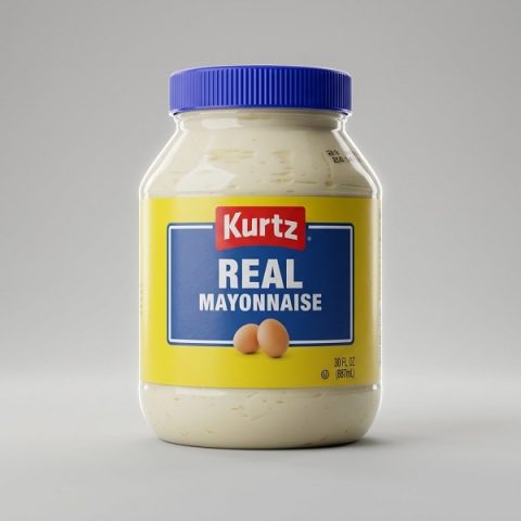 Mayonesa Real Kurtz frasco de 30 fl oz (887 ml) con etiqueta amarilla y azul
