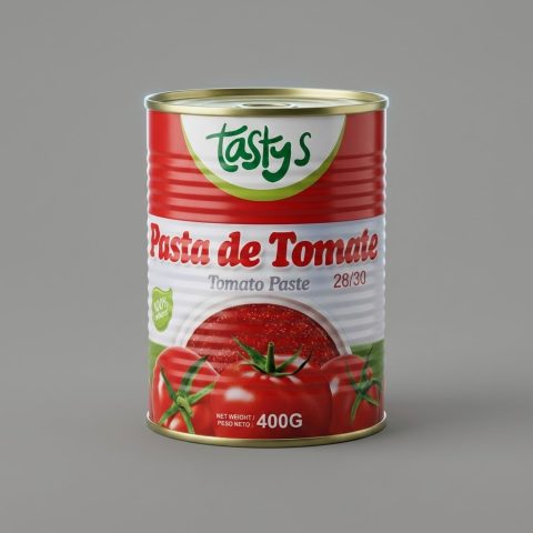 Lata de pasta de tomate concentrada Tastys de 400g 100% natural con grado de concentración 28/30 para guisos y salsas.