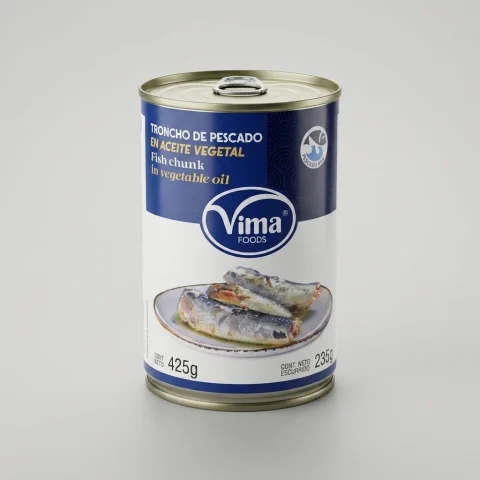 Lata de troncho de pescado vima en aceite vegetal de 425g lista para consumir